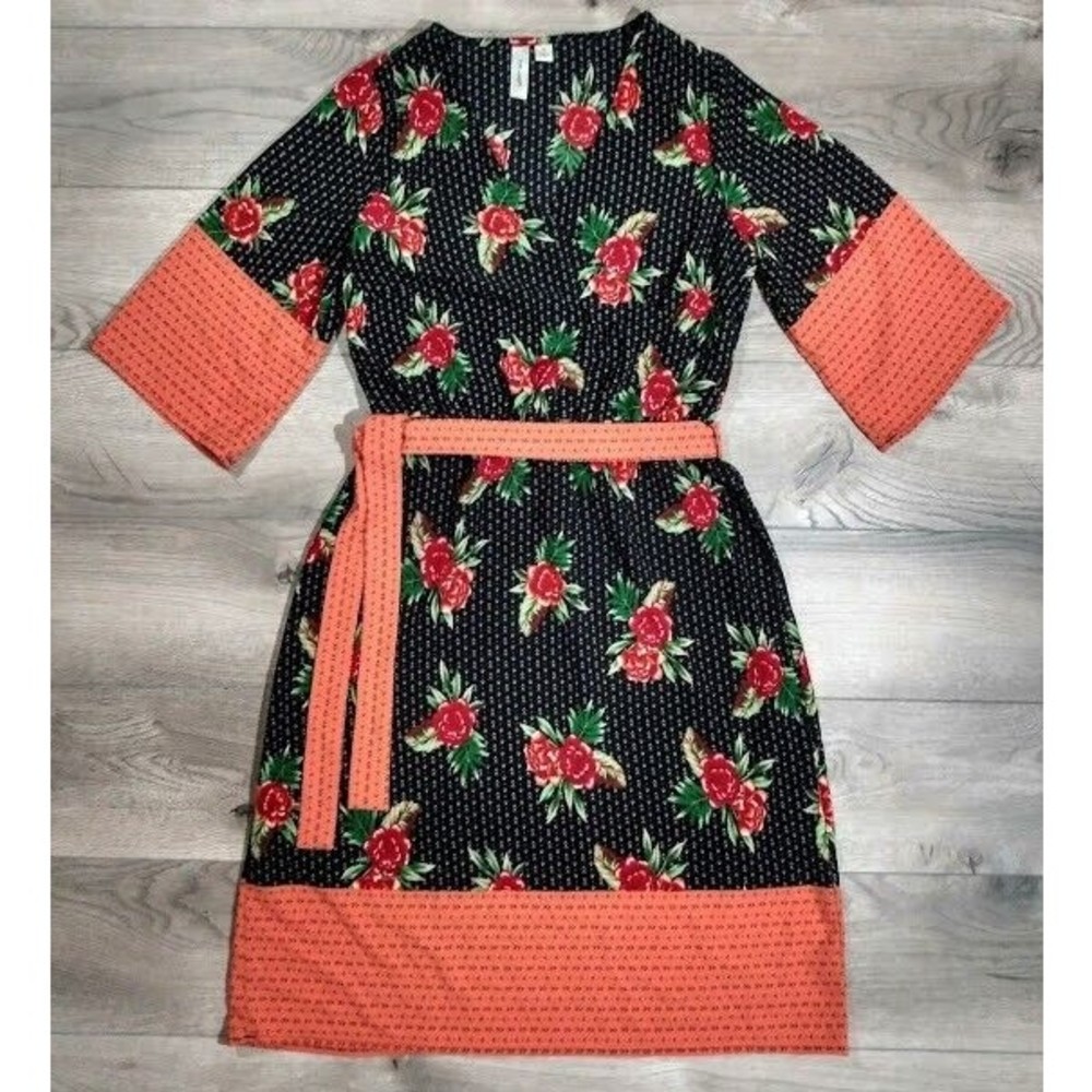 Tacera Dress Womens 30 x 37 Size Small 3/4 Sleeve Tie Belt Floral Blue Orange